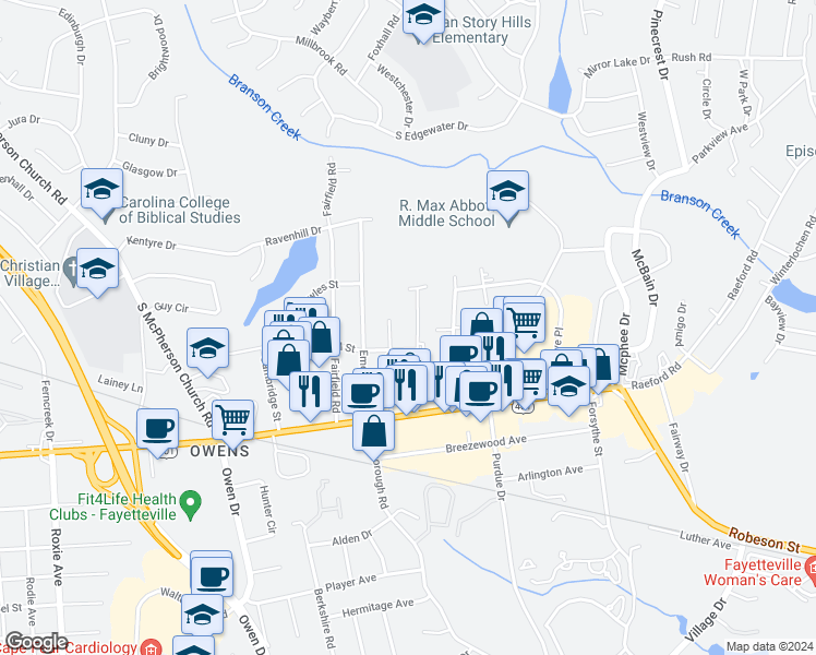 map of restaurants, bars, coffee shops, grocery stores, and more near 207 Willborough Avenue in Fayetteville