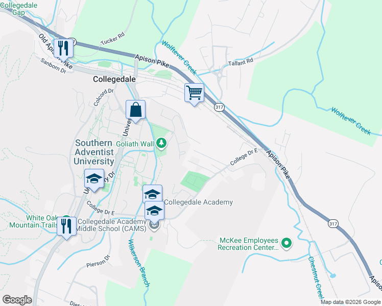 map of restaurants, bars, coffee shops, grocery stores, and more near 10259 Loma Cita Lane in Ooltewah