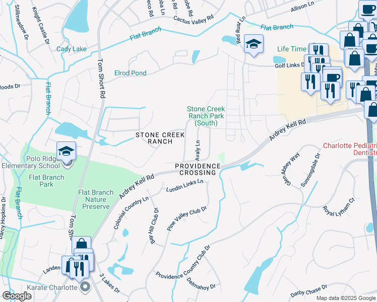 map of restaurants, bars, coffee shops, grocery stores, and more near 11611 Wheat Ridge Road in Charlotte