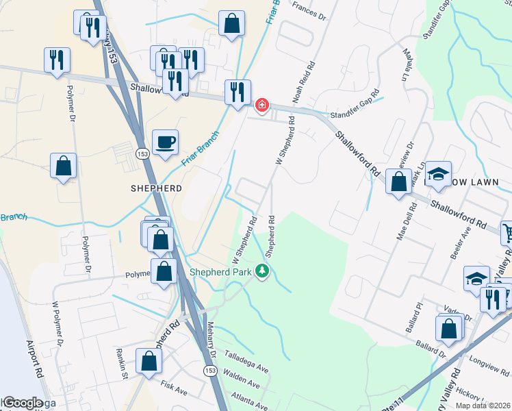 map of restaurants, bars, coffee shops, grocery stores, and more near 2174 West Shepherd Road in Chattanooga