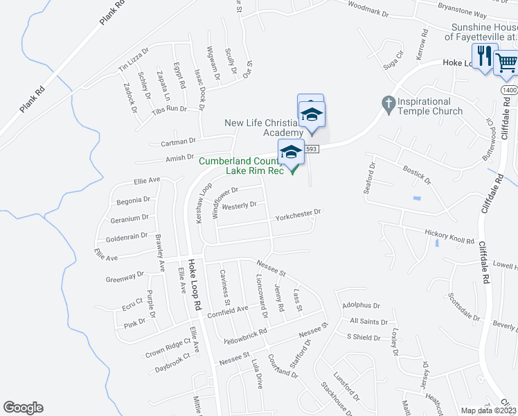 map of restaurants, bars, coffee shops, grocery stores, and more near 5007 Westerly Drive in Fayetteville