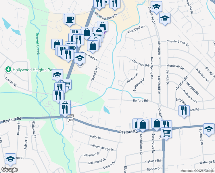 map of restaurants, bars, coffee shops, grocery stores, and more near 5467 Lindale Court in Fayetteville