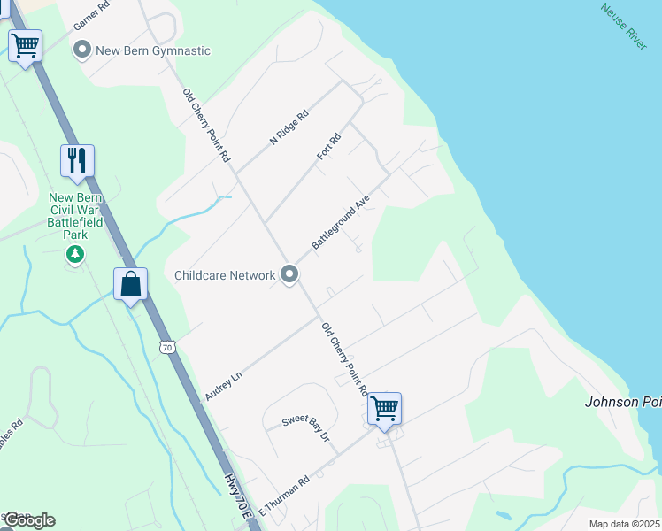 map of restaurants, bars, coffee shops, grocery stores, and more near 311 Battleground Avenue in New Bern