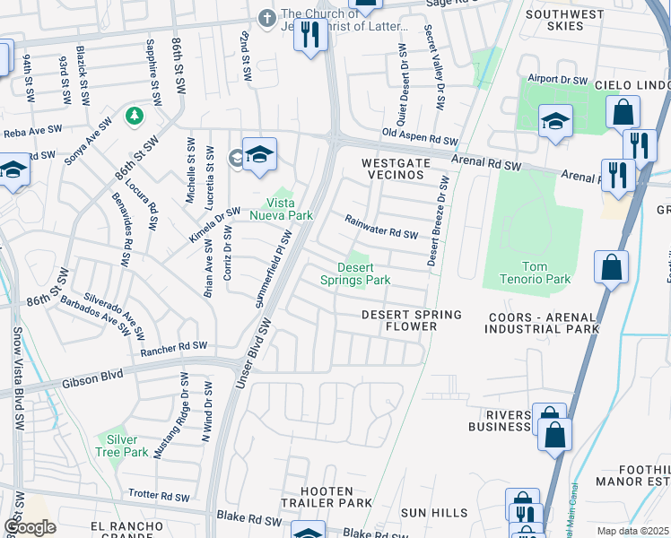 map of restaurants, bars, coffee shops, grocery stores, and more near 7800 April Flower Road Southwest in Albuquerque