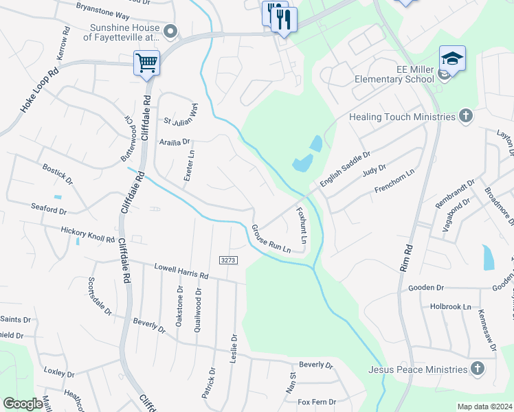 map of restaurants, bars, coffee shops, grocery stores, and more near 8904 Grouse Run Lane in Fayetteville