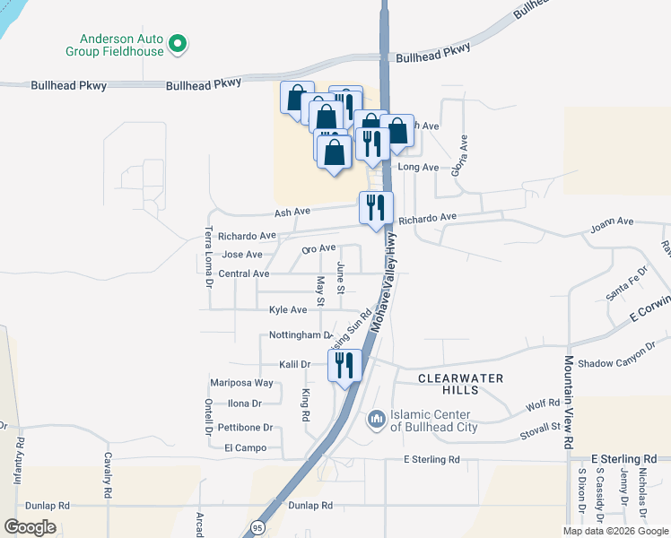 map of restaurants, bars, coffee shops, grocery stores, and more near 1692 Central Avenue in Bullhead City