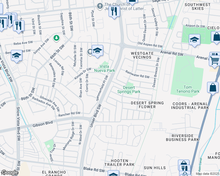 map of restaurants, bars, coffee shops, grocery stores, and more near 7916 Purple Cone Road Southwest in Albuquerque