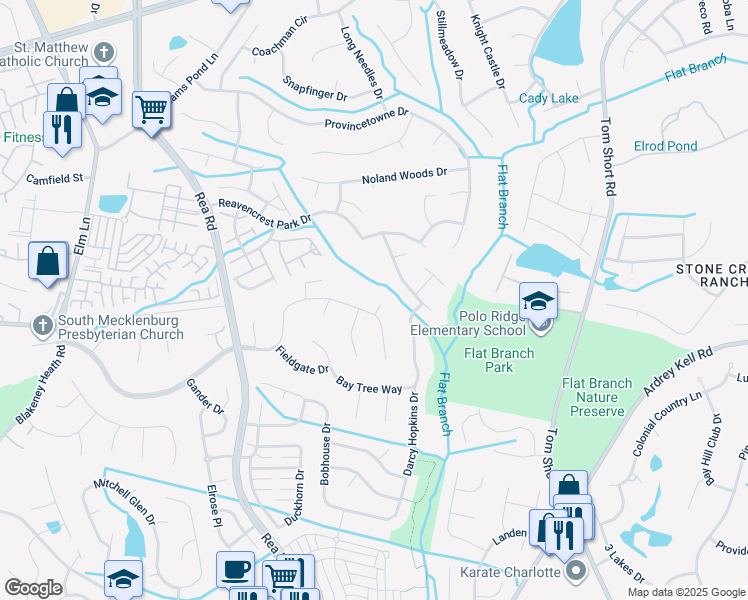 map of restaurants, bars, coffee shops, grocery stores, and more near 8604 Beeswood Drive in Charlotte