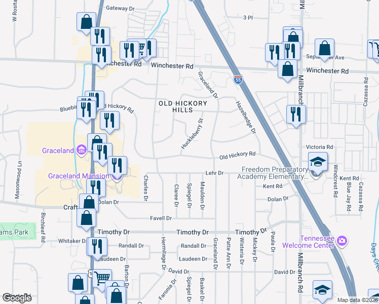 map of restaurants, bars, coffee shops, grocery stores, and more near 1423 Old Hickory Road in Memphis