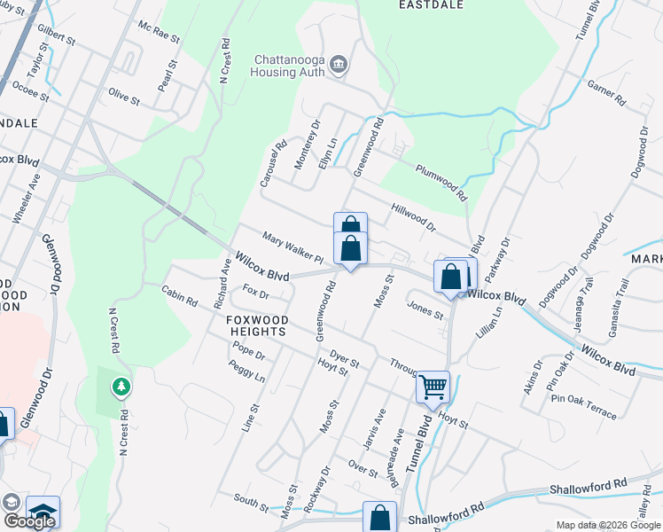 map of restaurants, bars, coffee shops, grocery stores, and more near 1319 Greenwood Road in Chattanooga