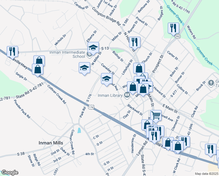 map of restaurants, bars, coffee shops, grocery stores, and more near 25 Oakland Avenue in Inman