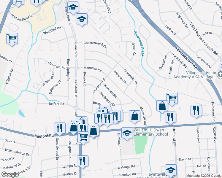 map of restaurants, bars, coffee shops, grocery stores, and more near 741 Newport Road in Fayetteville