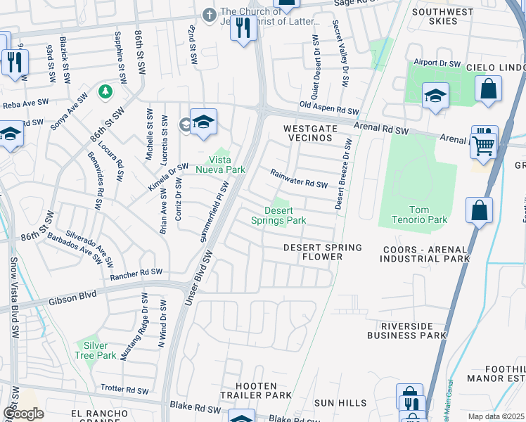 map of restaurants, bars, coffee shops, grocery stores, and more near 7800 April Flower Road Southwest in Albuquerque