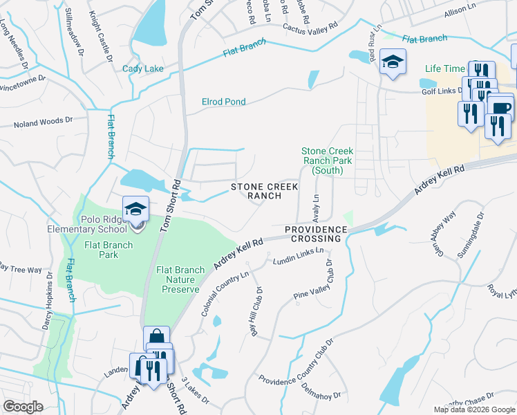 map of restaurants, bars, coffee shops, grocery stores, and more near 6728 Springs Mill Road in Charlotte
