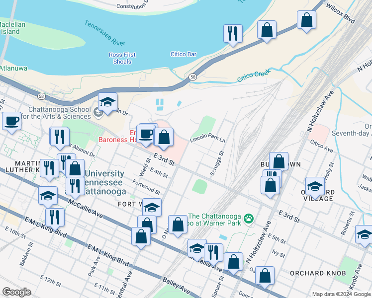 map of restaurants, bars, coffee shops, grocery stores, and more near 116 Central Avenue in Chattanooga