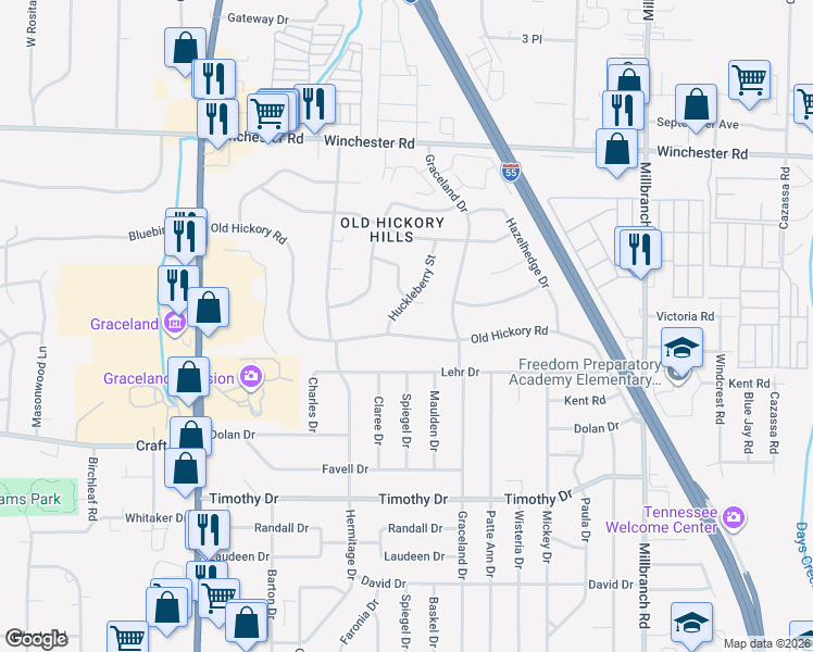 map of restaurants, bars, coffee shops, grocery stores, and more near 1423 Old Hickory Road in Memphis