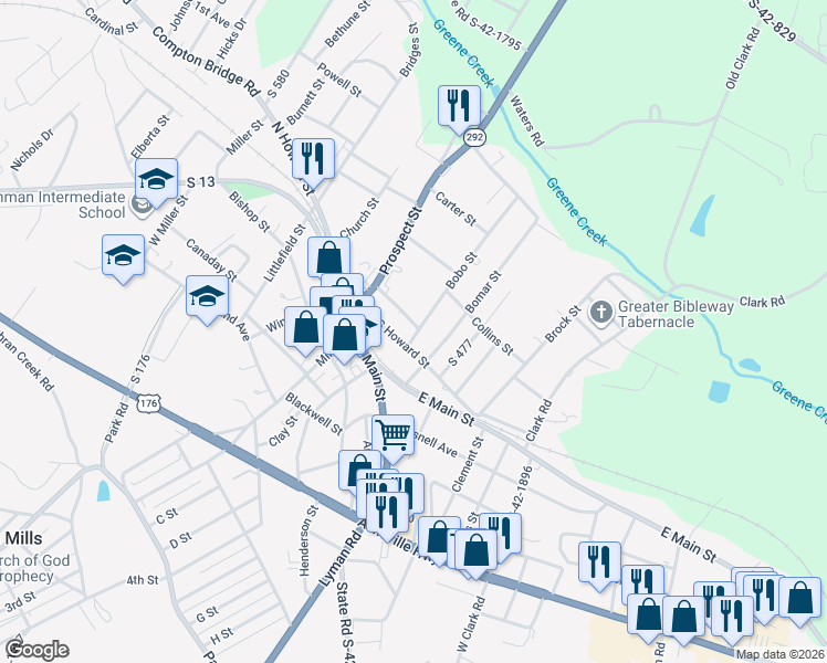 map of restaurants, bars, coffee shops, grocery stores, and more near 7 Bomar Street in Inman