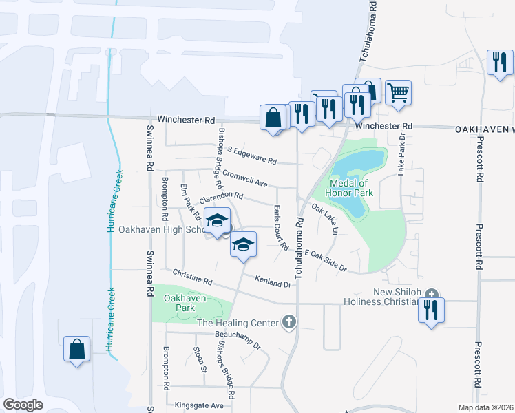 map of restaurants, bars, coffee shops, grocery stores, and more near 3702 Bishops Bridge Road in Memphis