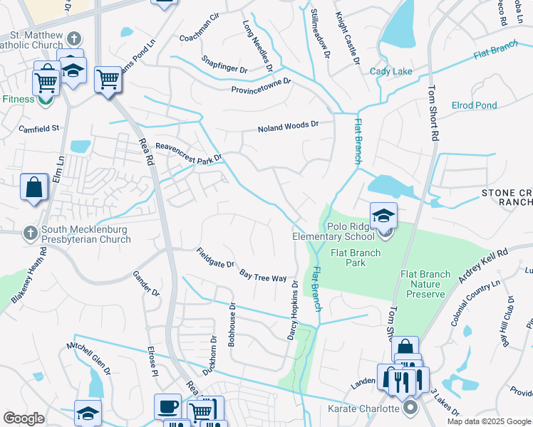 map of restaurants, bars, coffee shops, grocery stores, and more near 8604 Beeswood Drive in Charlotte