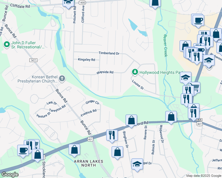 map of restaurants, bars, coffee shops, grocery stores, and more near 6109 Conaway Drive in Fayetteville