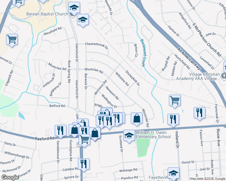 map of restaurants, bars, coffee shops, grocery stores, and more near 742 Newport Road in Fayetteville
