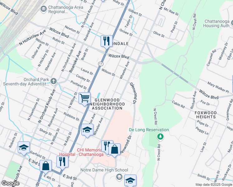 map of restaurants, bars, coffee shops, grocery stores, and more near 1118 Wheeler Avenue in Chattanooga
