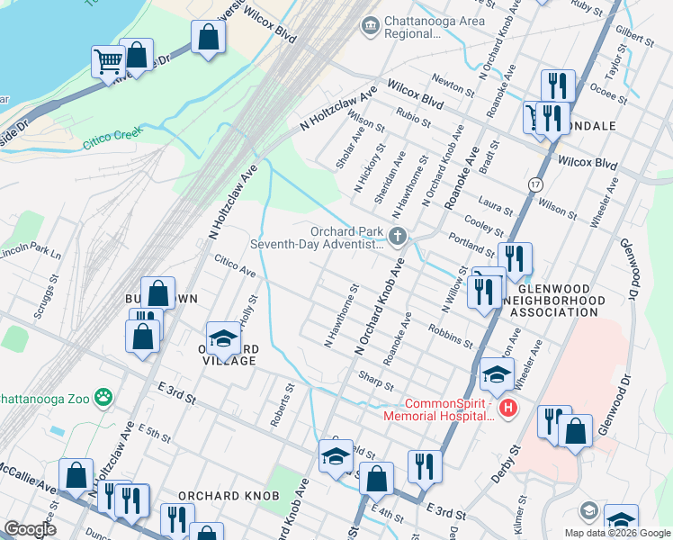 map of restaurants, bars, coffee shops, grocery stores, and more near 1707 Carson Avenue in Chattanooga