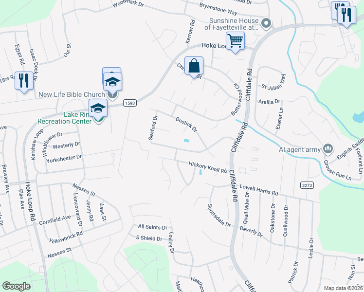 map of restaurants, bars, coffee shops, grocery stores, and more near 5528 Hickory Knoll Road in Fayetteville