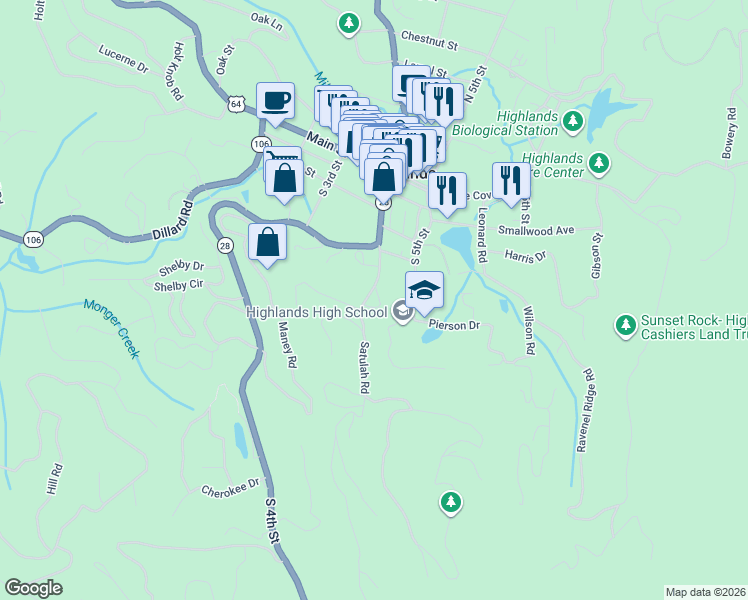 map of restaurants, bars, coffee shops, grocery stores, and more near 180 Satulah Rd in Highlands