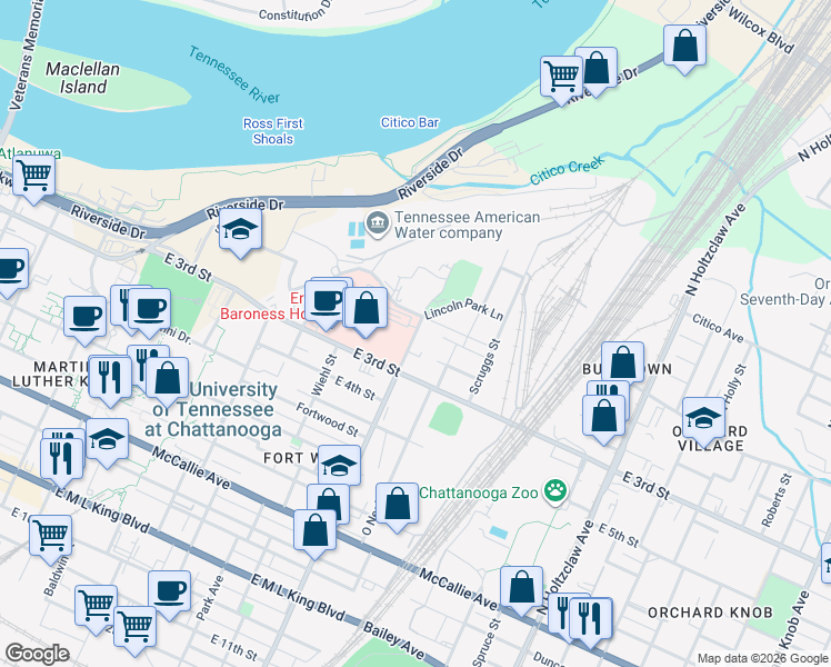map of restaurants, bars, coffee shops, grocery stores, and more near 116 Central Avenue in Chattanooga