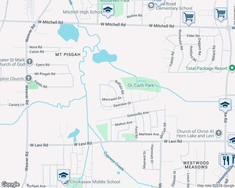 map of restaurants, bars, coffee shops, grocery stores, and more near 595 Moccasin Drive in Memphis