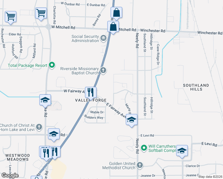 map of restaurants, bars, coffee shops, grocery stores, and more near 3707 Hillbrook Road in Memphis