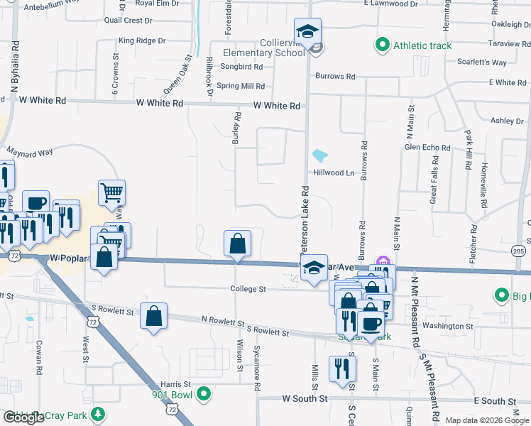 map of restaurants, bars, coffee shops, grocery stores, and more near 274 Amelia Cove in Collierville