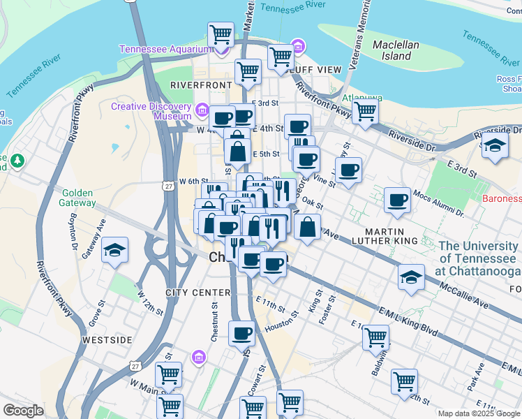 map of restaurants, bars, coffee shops, grocery stores, and more near 724 Cherry Street in Chattanooga