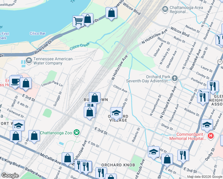 map of restaurants, bars, coffee shops, grocery stores, and more near 713 North Greenwood Avenue in Chattanooga
