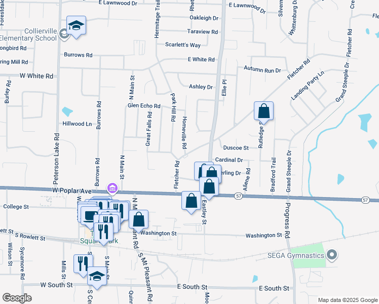 map of restaurants, bars, coffee shops, grocery stores, and more near 338 Fletcher Road in Collierville