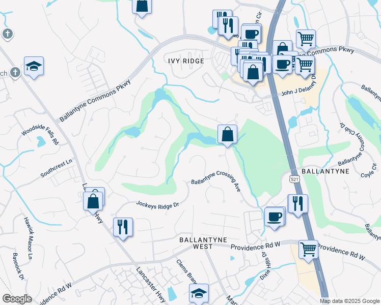 map of restaurants, bars, coffee shops, grocery stores, and more near 14423 Brick Church Court in Charlotte