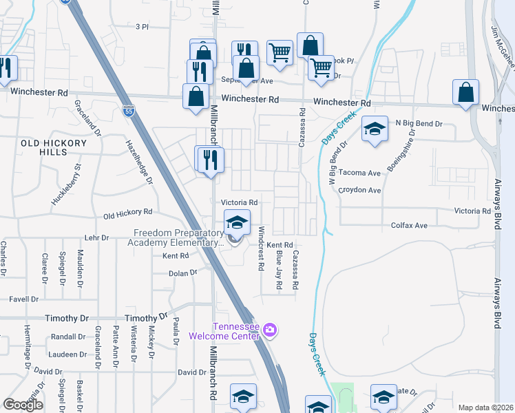 map of restaurants, bars, coffee shops, grocery stores, and more near 3714 Windcrest Road in Memphis