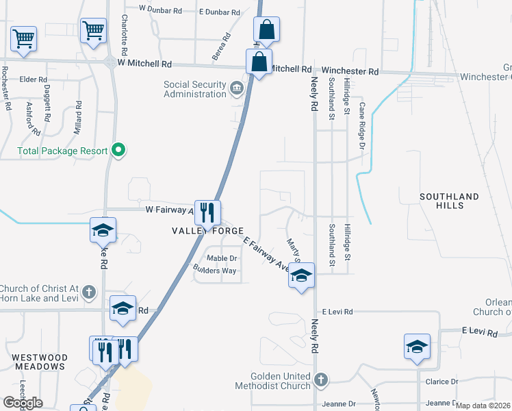 map of restaurants, bars, coffee shops, grocery stores, and more near 3707 Hillbrook Road in Memphis