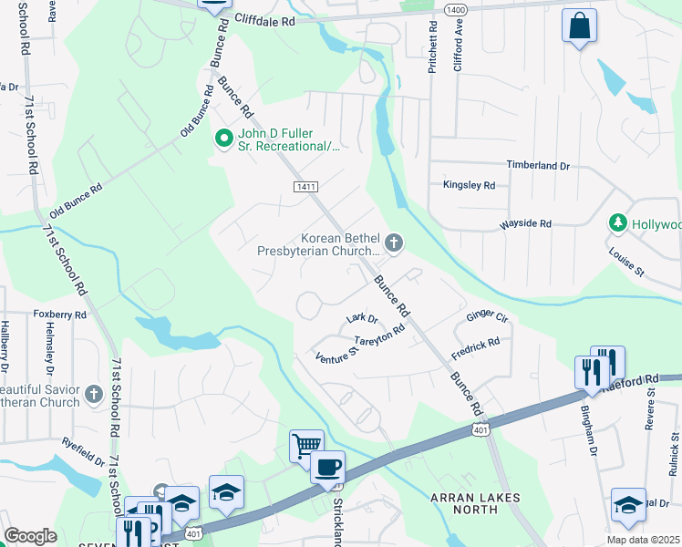 map of restaurants, bars, coffee shops, grocery stores, and more near 1409 Distinct Circle in Fayetteville