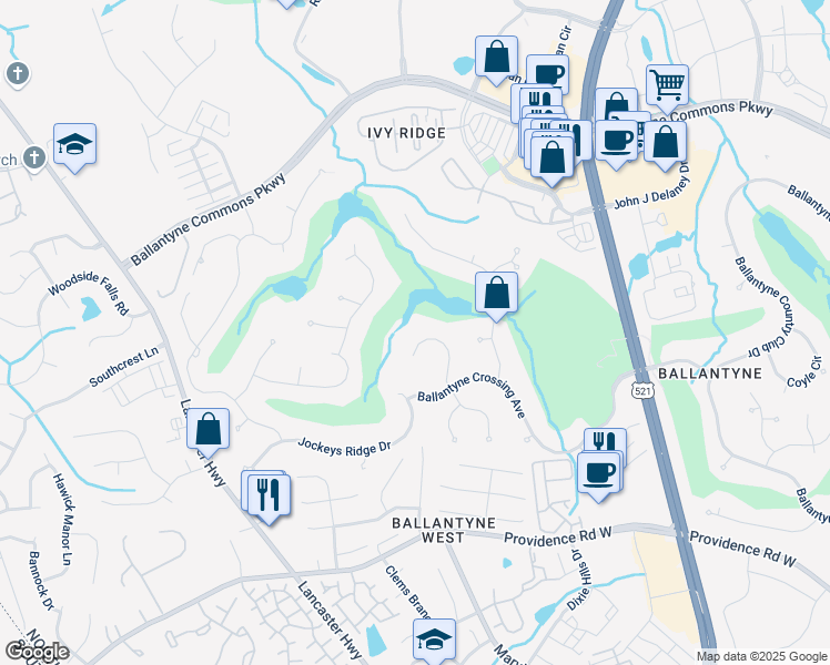 map of restaurants, bars, coffee shops, grocery stores, and more near 14423 Brick Church Court in Charlotte