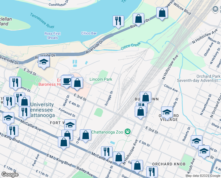 map of restaurants, bars, coffee shops, grocery stores, and more near 3456 Scruggs Street in Chattanooga