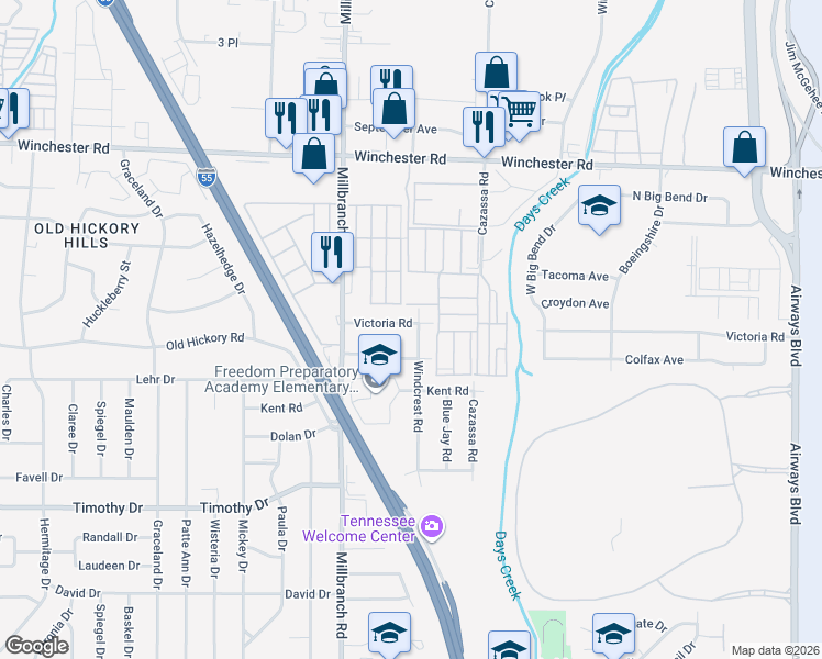 map of restaurants, bars, coffee shops, grocery stores, and more near 3714 Windcrest Road in Memphis