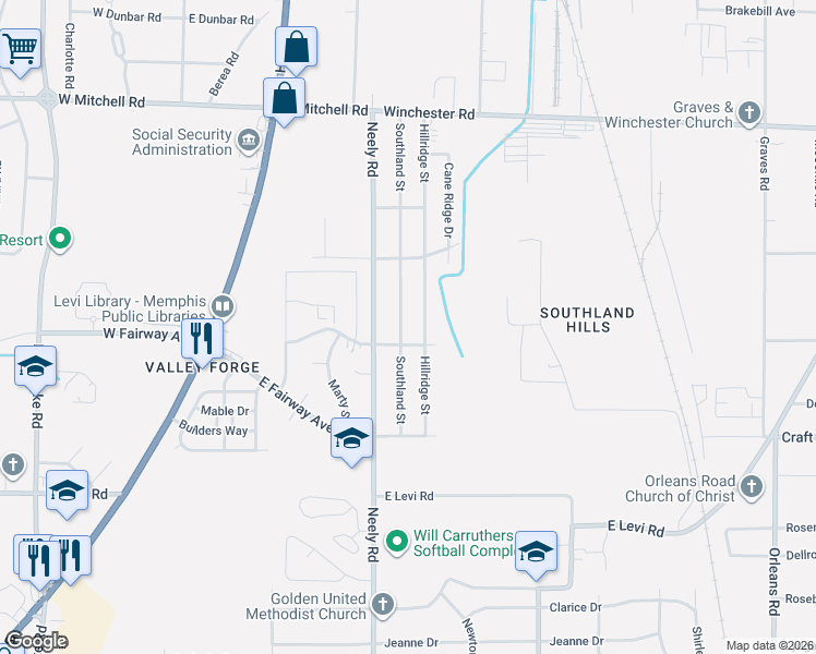 map of restaurants, bars, coffee shops, grocery stores, and more near 253 Hillview Avenue in Memphis