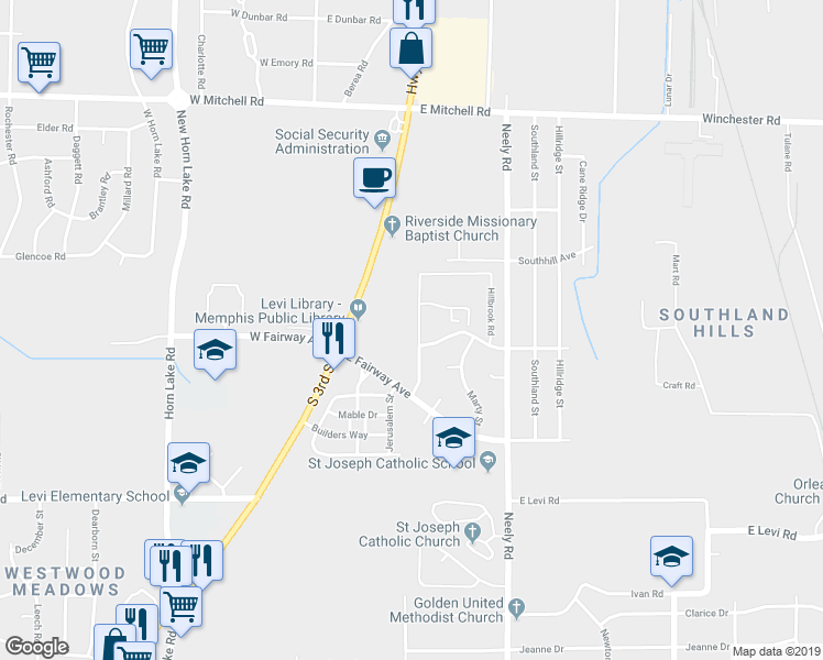 map of restaurants, bars, coffee shops, grocery stores, and more near 3707 Hillbrook Road in Memphis