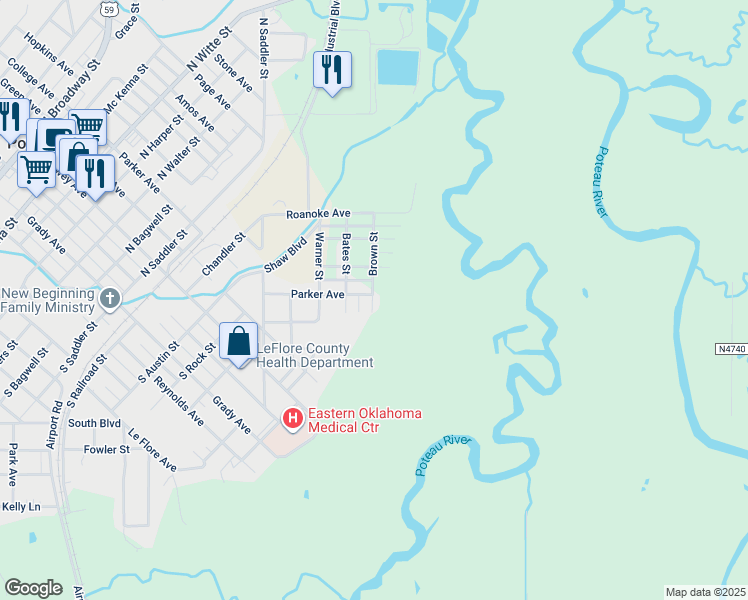 map of restaurants, bars, coffee shops, grocery stores, and more near 401 Brown Street in Poteau