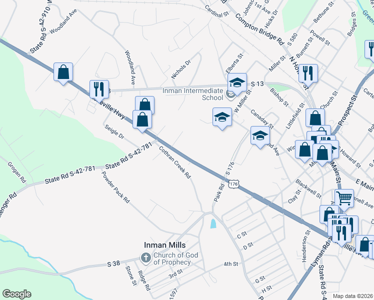 map of restaurants, bars, coffee shops, grocery stores, and more near 12820 Asheville Highway in Inman