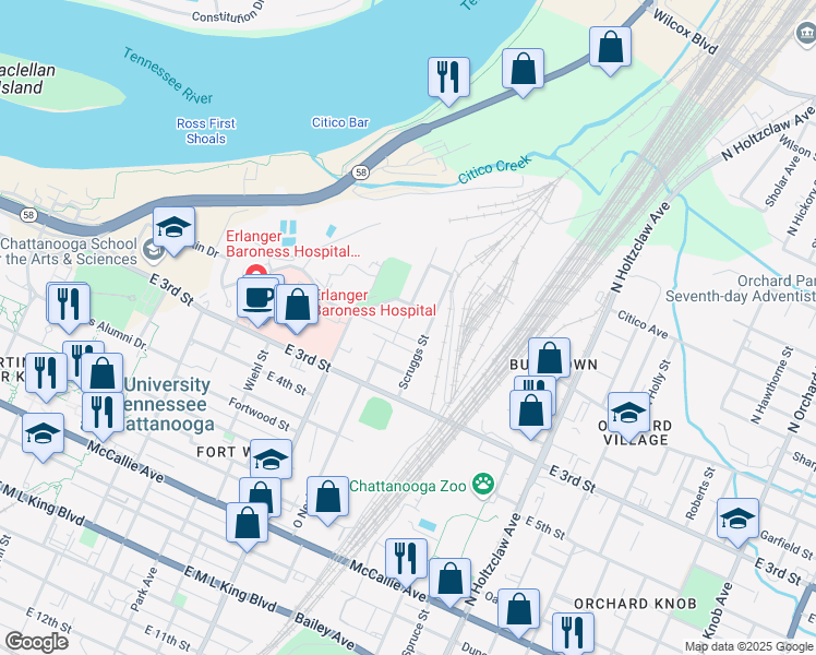 map of restaurants, bars, coffee shops, grocery stores, and more near 110 Oneal Street in Chattanooga