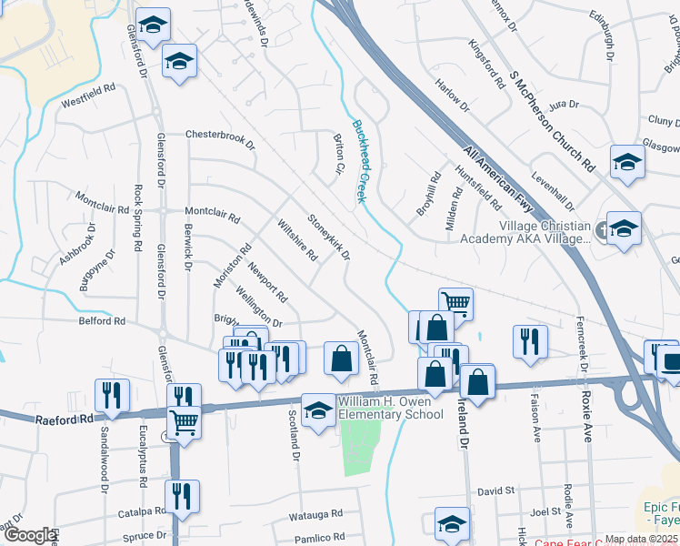map of restaurants, bars, coffee shops, grocery stores, and more near 833 Stoneykirk Drive in Fayetteville