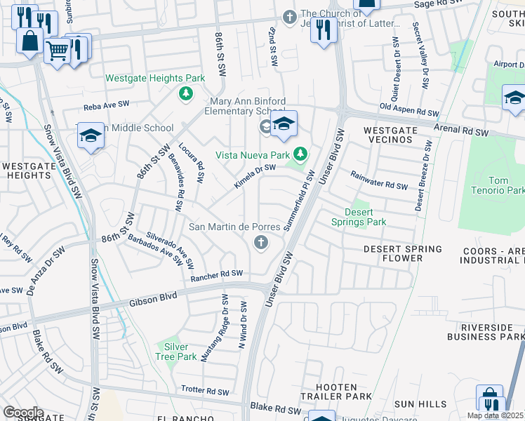 map of restaurants, bars, coffee shops, grocery stores, and more near 1604 Corriz Drive Southwest in Albuquerque